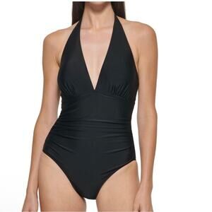 DKNY  Ladies' Tummy Control Black Halter  One piece Swimsuit size Medium New